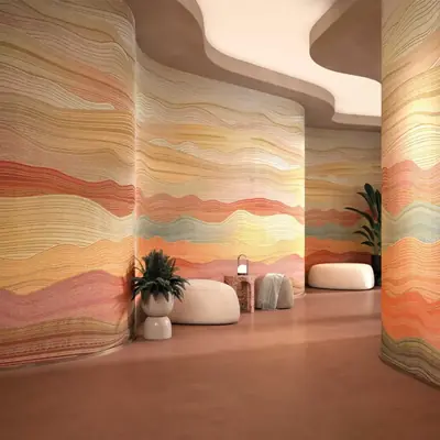 Mur courbe habillé d’un papier peint design à motif de vagues colorées