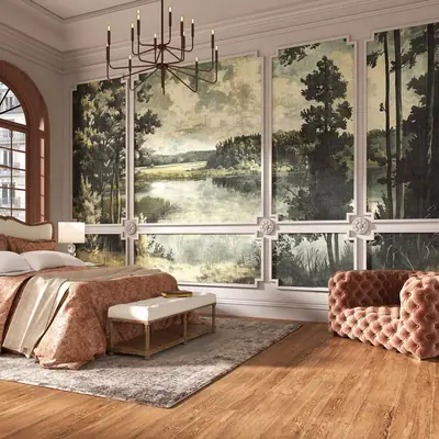 Chambre avec papier peint paysage